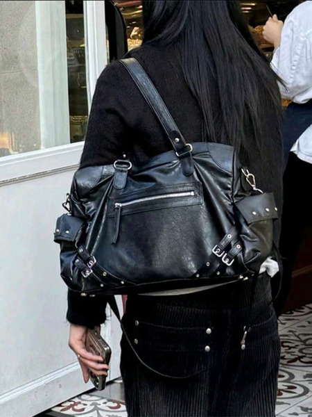 Large Capacity Shoulder Tote Bag, Soft Black Retro Big Bag