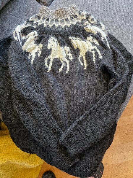 Handmade Icelandic wool sweater with a unique horse pattern