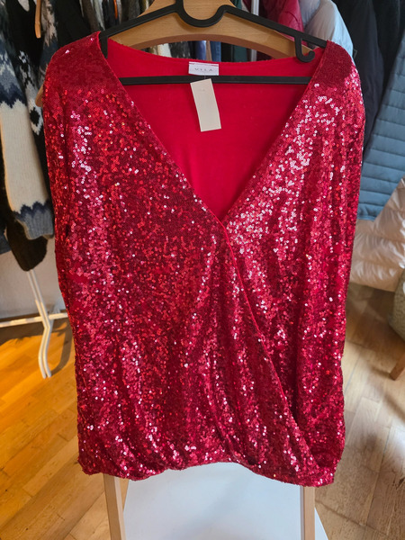 VILA Red Sequin Wrap Top – Sparkly Party Blouse L