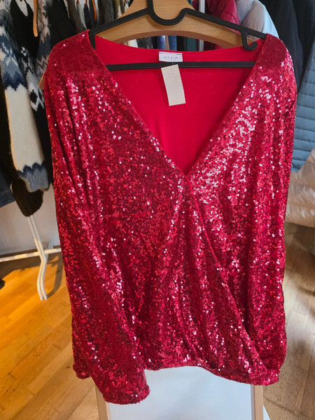 VILA Red Sequin Wrap Top – Sparkly Party Blouse L - 2