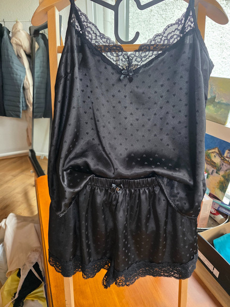Black Satin Style Pajama Set with Lace M/L