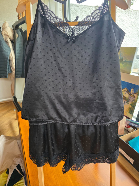Black Satin Style Pajama Set with Lace M/L - 2