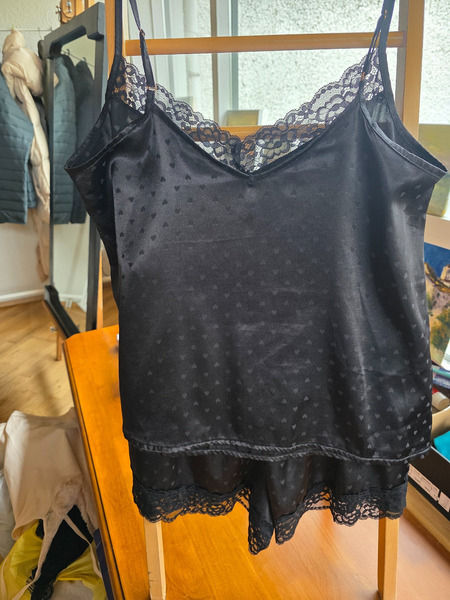 Black Satin Style Pajama Set with Lace M/L - 3
