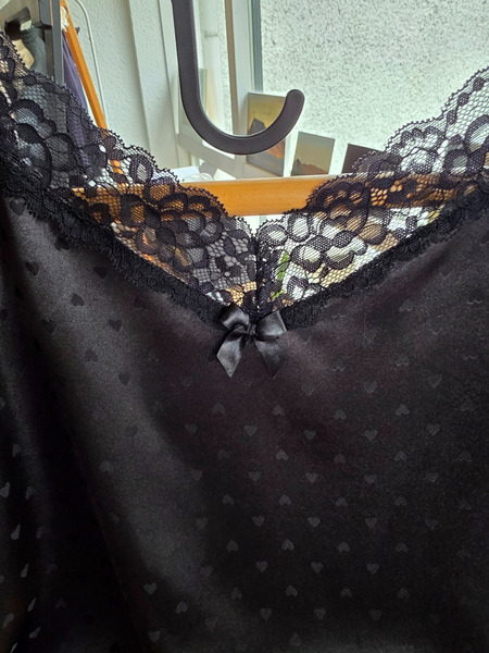 Black Satin Style Pajama Set with Lace M/L - 4