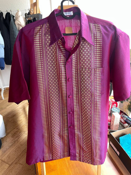 Authentic Thai Silk Shirt XXL Purple Burgundy Vintage