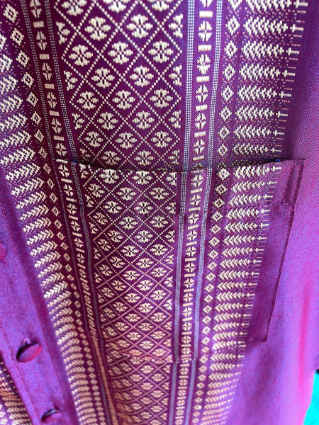 Authentic Thai Silk Shirt XXL Purple Burgundy Vintage - 3