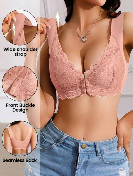 New Seamless Front Closure Lace Bra Pink – 90C, 95A, 95B - 2