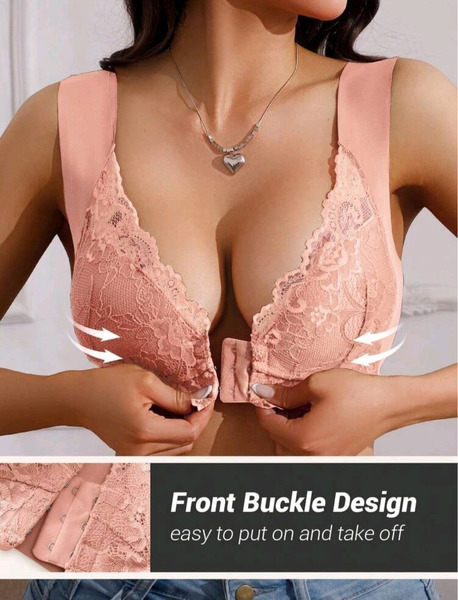 New Seamless Front Closure Lace Bra Pink – 90C, 95A, 95B - 4